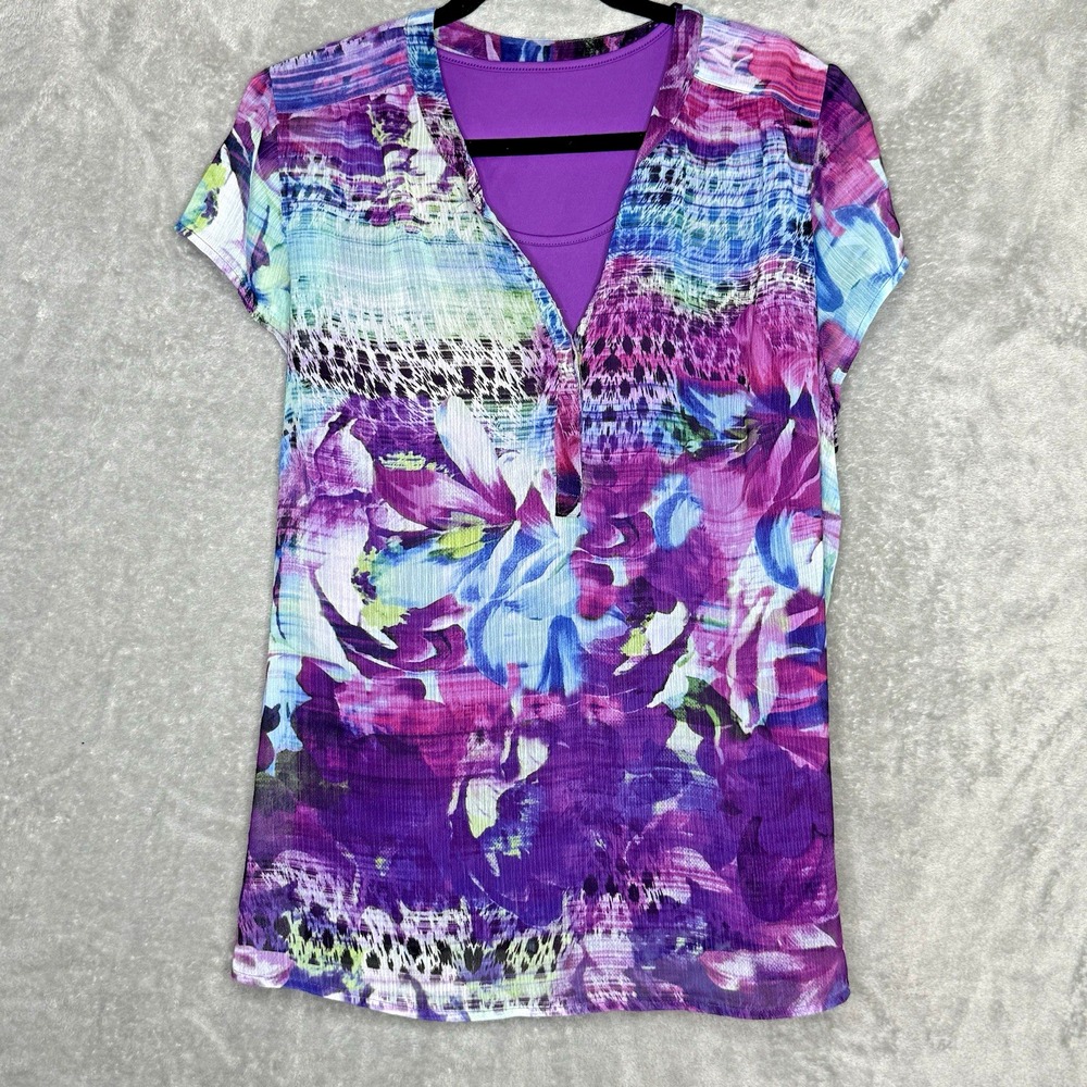 CJ Banks 1X Shirt Top Purple Floral Flower Short Sleeve Scoop Neck Layered Women